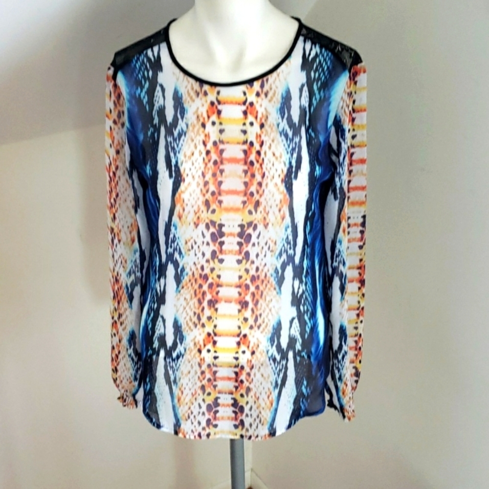 PHILOSOPHY Snake-Print Semi-sheer Multicolor Black Shoulder Lace Trim Top XS - Picture 5 of 16